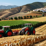 **

A vibrant rural community in Andalusia, Spain, during harvest. Focus on the faces of the families, showing pride and economic security. In the background, rolling hills and modern agricultural technology blend seamlessly. The overall feeling is one of unity and hope.

**