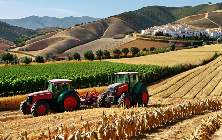 **

A vibrant rural community in Andalusia, Spain, during harvest. Focus on the faces of the families, showing pride and economic security. In the background, rolling hills and modern agricultural technology blend seamlessly. The overall feeling is one of unity and hope.

**