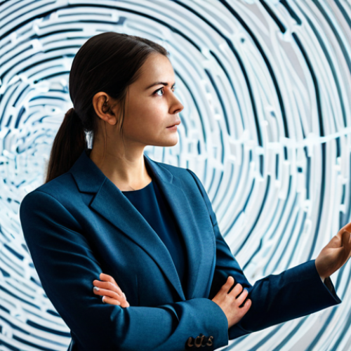 Home 18 A dedicated female social impact consultant, fully clothed in a modest business suit, standing contemplatively amidst a complex, abstract visual representation of interconnected data points and swirling metrics. The scene is a conceptual digital environment, suggesting the "labyrinth" of social impact measurement, with subtle, glowing lines and transparent charts emphasizing data complexity and the challenge of attribution. Her expression is thoughtful and determined. safe for work, appropriate content, fully clothed, professional, perfect anatomy, correct proportions, natural pose, well-formed hands, proper finger count, natural body proportions, high quality.