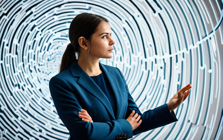 A dedicated female social impact consultant, fully clothed in a modest business suit, standing contemplatively amidst a complex, abstract visual representation of interconnected data points and swirling metrics. The scene is a conceptual digital environment, suggesting the "labyrinth" of social impact measurement, with subtle, glowing lines and transparent charts emphasizing data complexity and the challenge of attribution. Her expression is thoughtful and determined. safe for work, appropriate content, fully clothed, professional, perfect anatomy, correct proportions, natural pose, well-formed hands, proper finger count, natural body proportions, high quality.