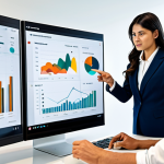 A professional, diverse team of three individuals in a bright, modern office. One person, a woman, is pointing at a large digital screen displaying interactive data visualizations, including charts and maps showing social impact metrics. Another person, a man, is taking notes, and a third person, a woman, is looking thoughtfully at the data. All individuals are fully clothed in professional, modest business attire. The environment is collaborative and focused. The image should convey clarity and data-driven decision-making. safe for work, appropriate content, fully clothed, professional, perfect anatomy, correct proportions, natural pose, well-formed hands, proper finger count, natural body proportions, high-quality photograph, realistic.