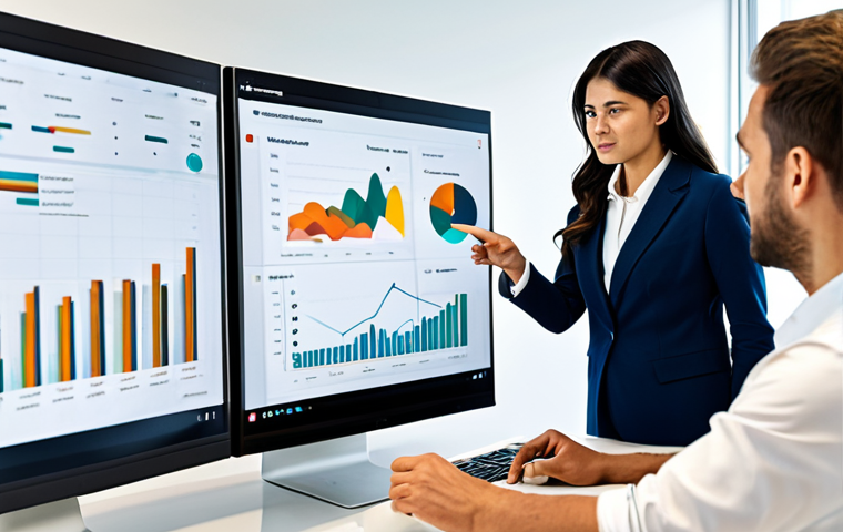 A professional, diverse team of three individuals in a bright, modern office. One person, a woman, is pointing at a large digital screen displaying interactive data visualizations, including charts and maps showing social impact metrics. Another person, a man, is taking notes, and a third person, a woman, is looking thoughtfully at the data. All individuals are fully clothed in professional, modest business attire. The environment is collaborative and focused. The image should convey clarity and data-driven decision-making. safe for work, appropriate content, fully clothed, professional, perfect anatomy, correct proportions, natural pose, well-formed hands, proper finger count, natural body proportions, high-quality photograph, realistic.