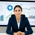 A focused professional social impact analyst, of Spanish descent, wearing a modest business suit, seated at a sleek desk in a modern, brightly lit office. On a large monitor, abstract data visualizations representing complex social dynamics and human connections glow subtly. The scene emphasizes the intelligent quantification of intangible social benefits, with a clean and contemporary aesthetic. Perfect anatomy, correct proportions, natural pose, well-formed hands, proper finger count, natural body proportions, professional photography, high quality, realistic, safe for work, appropriate content, fully clothed, professional.