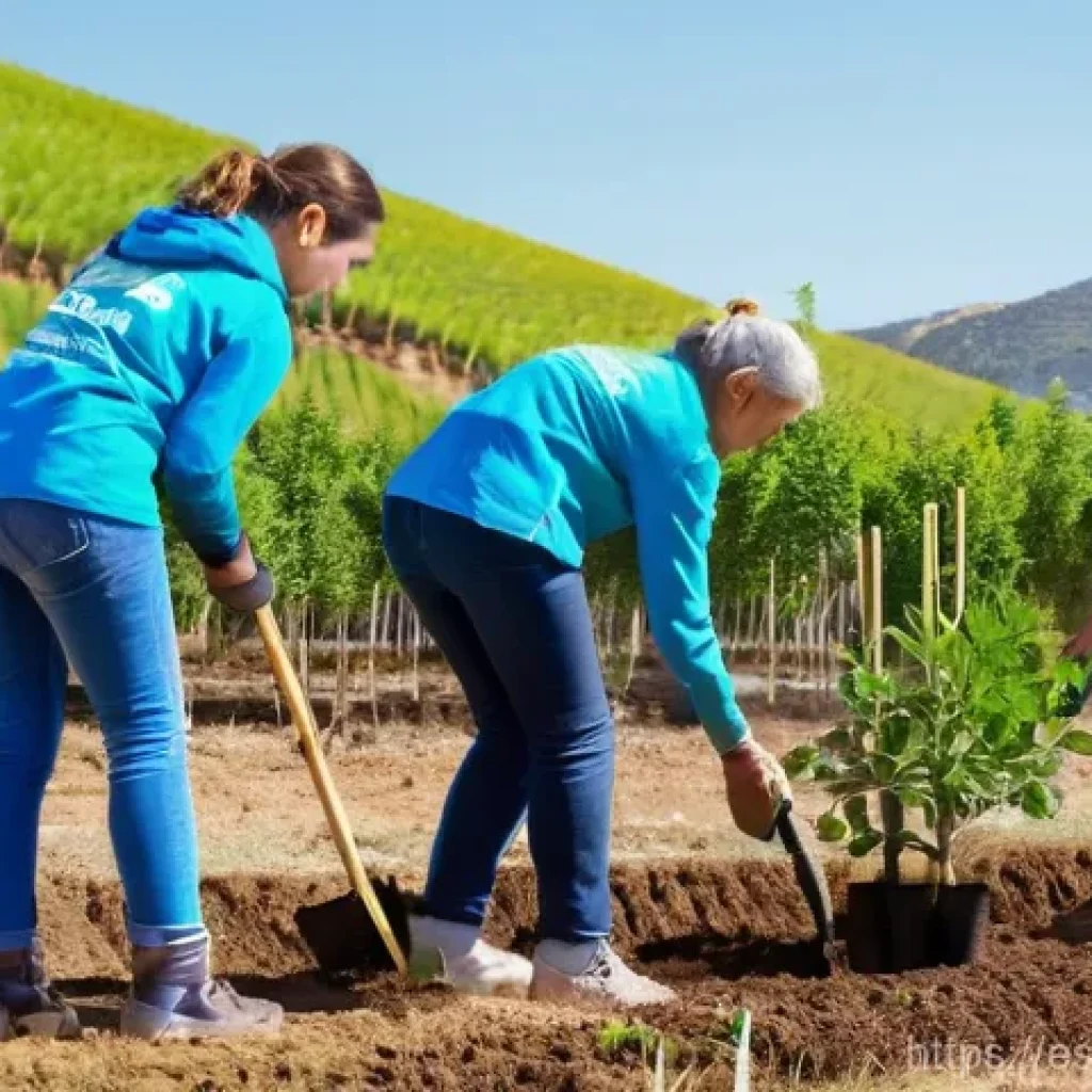 소셜 임팩트 측정의 글로벌 사례 - **A Vibrant Community Reforestation Project in Rural Spain:** A diverse group of cheerful volunteers...