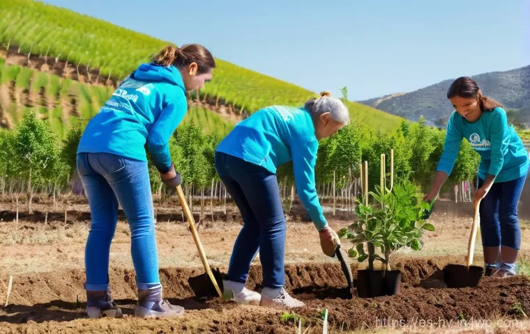 소셜 임팩트 측정의 글로벌 사례 - **A Vibrant Community Reforestation Project in Rural Spain:** A diverse group of cheerful volunteers...