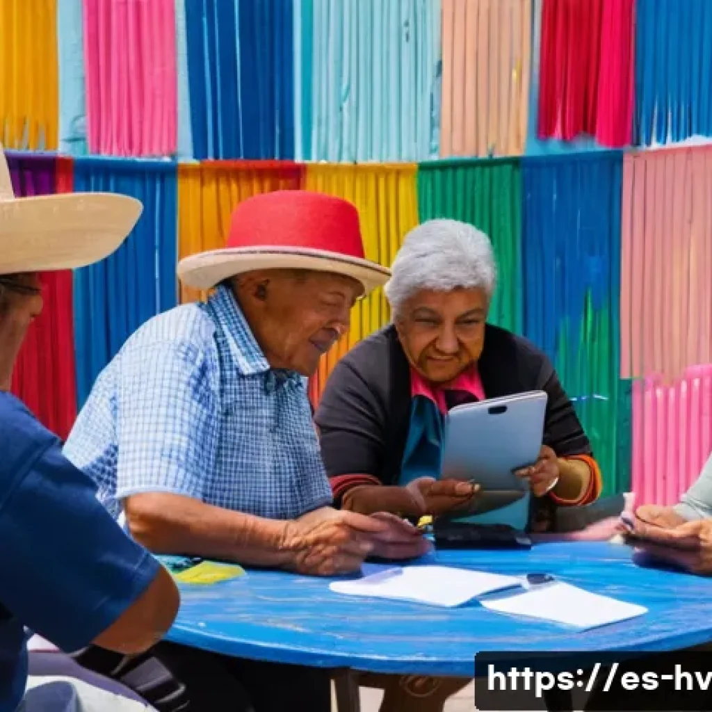 소셜 임팩트 측정의 성과 기반 분석 - A vibrant community workshop scene in a small Mexican town plaza, showing diverse adults and elderly...