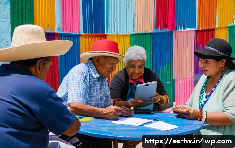 소셜 임팩트 측정의 성과 기반 분석 - A vibrant community workshop scene in a small Mexican town plaza, showing diverse adults and elderly...