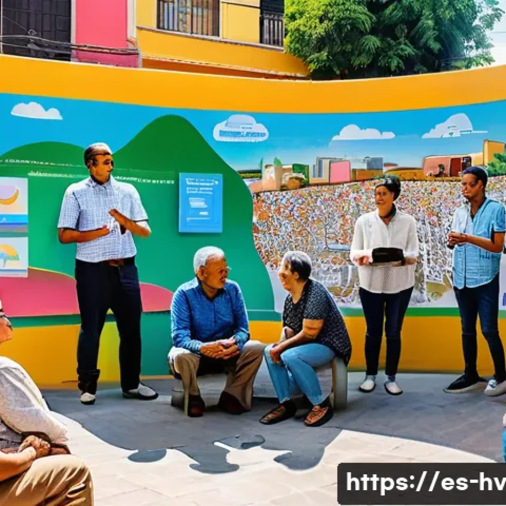 소셜 임팩트 측정의 전 세계적 동향 - A vibrant community meeting in a Latin American urban neighborhood, featuring diverse adults and eld...