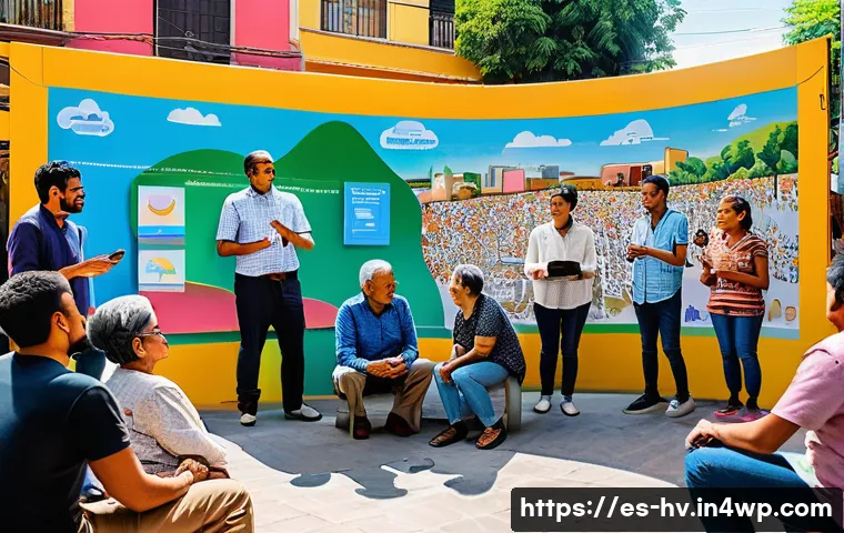 소셜 임팩트 측정의 전 세계적 동향 - A vibrant community meeting in a Latin American urban neighborhood, featuring diverse adults and eld...