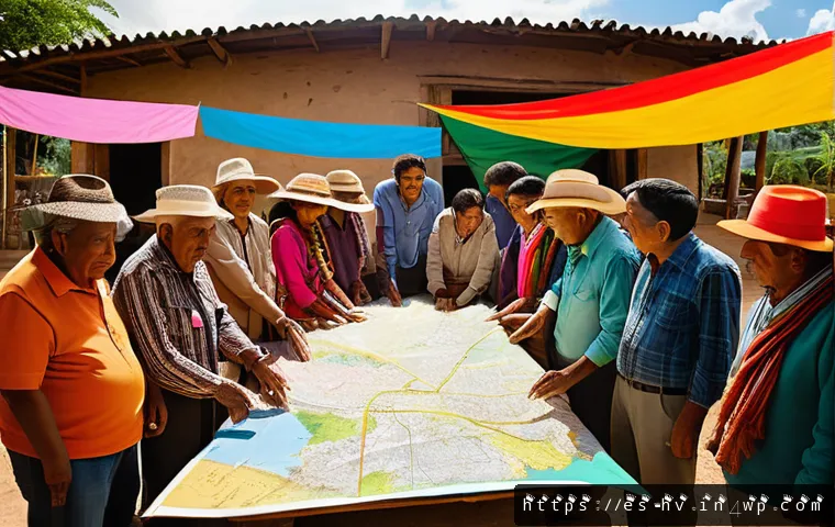 소셜 임팩트 측정의 지역 사회 영향 - A vibrant community meeting in a rural Latin American village, featuring diverse adults and elders g...