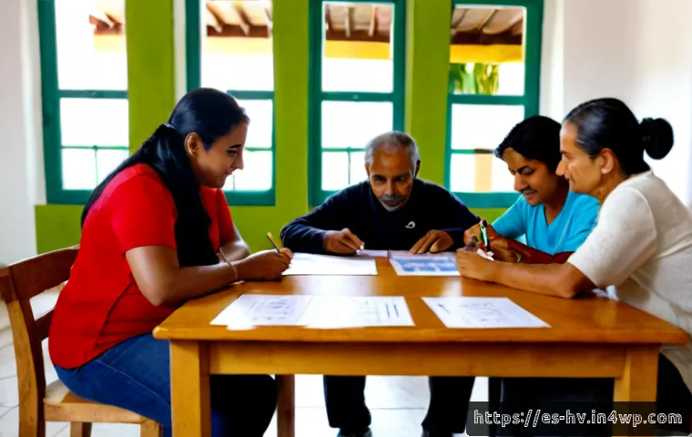 소셜 임팩트 측정과 커뮤니티 개발 - Photorealistic community development workshop in a bright Spanish neighborhood center, diverse adult...